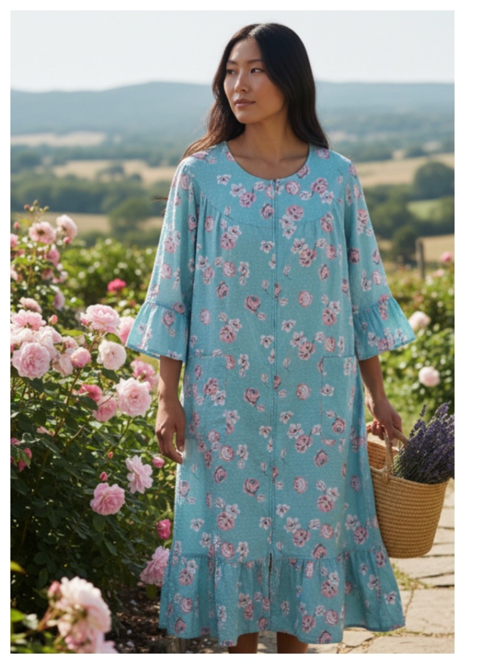 National House Midi Dress Sz 1X 16 18 Floral Blue Pink Ruffle Lounge Mumu Zip